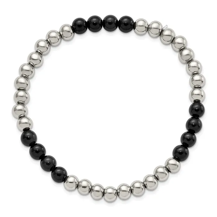 Bracelets Chisel Stainless Steel Polished 6mm Black Onyx Beaded Stretch Bracelet TreasureFineJewelers