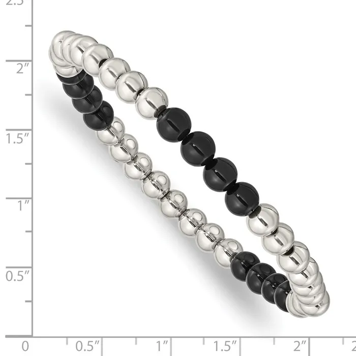 Bracelets Chisel Stainless Steel Polished 6mm Black Onyx Beaded Stretch Bracelet TreasureFineJewelers