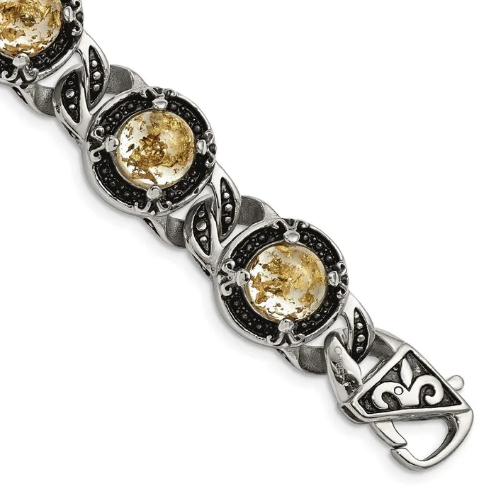 Bracelets TreasureFineJewelers Chisel Stainless Steel Antiqued and Polished with Gold Tin Epoxy Resin 9 inch Link Bracelet Bracelets TreasureFineJewelers Chisel Stainless Steel Antiqued and Polished with Gold Tin Epoxy Resin 9 inch Link Bracelet