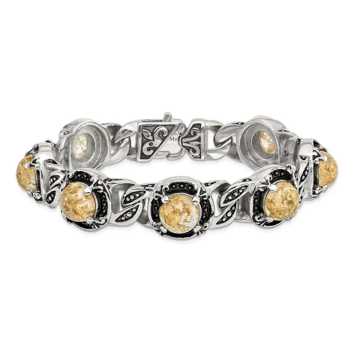 Bracelets TreasureFineJewelers Chisel Stainless Steel Antiqued and Polished with Gold Tin Epoxy Resin 9 inch Link Bracelet
