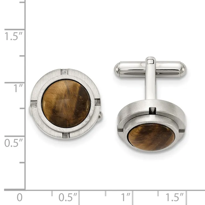 Bracelets TreasureFineJewelers Chisel Stainless Steel Brushed and Polished with Tigers Eye Circle Cufflinks