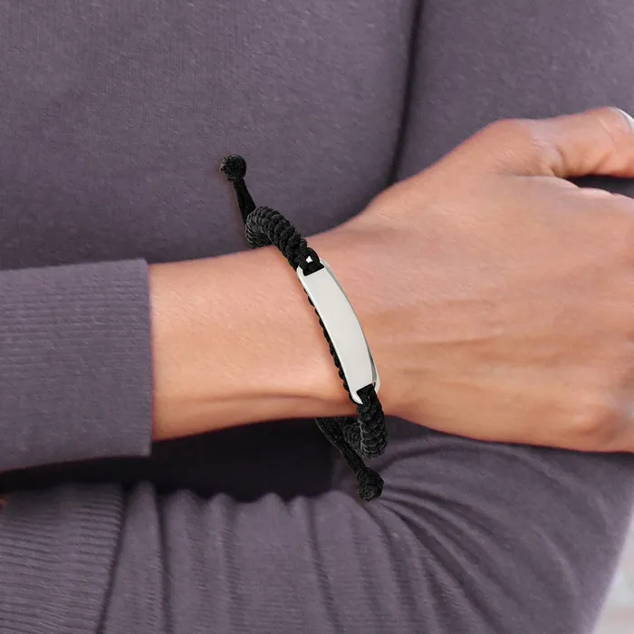 Bracelets TreasureFineJewelers Chisel Stainless Steel Polished Black Fabric Adjustable ID Bracelet
