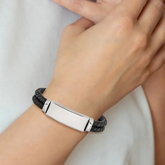 Bracelets TreasureFineJewelers Chisel Stainless Steel Polished Black Woven Leather Multi Strand 825 inch ID Bracelet