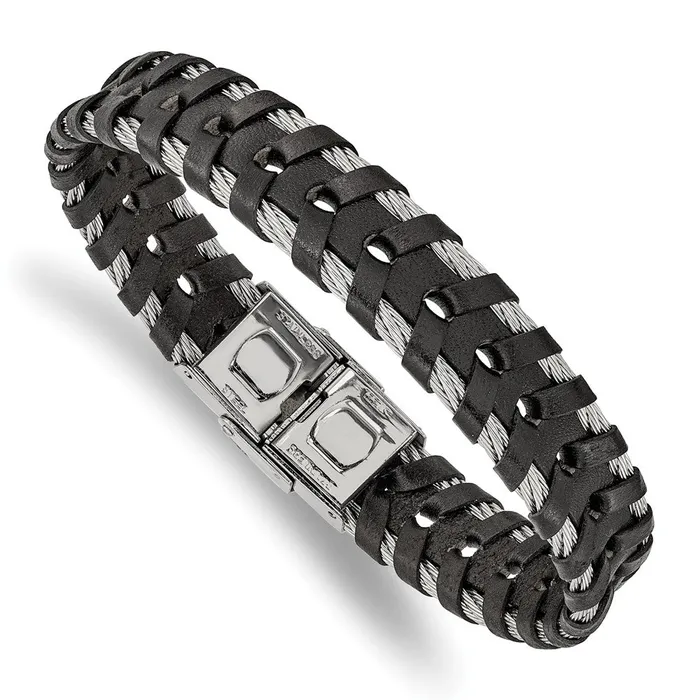 Bracelets TreasureFineJewelers Chisel Stainless Steel Polished Cable and Black Leather 825 inch Bracelet Bracelets TreasureFineJewelers Chisel Stainless Steel Polished Cable and Black Leather 825 inch Bracelet