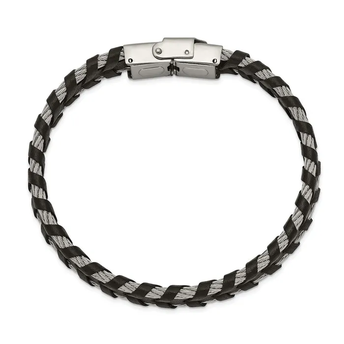 Bracelets TreasureFineJewelers Chisel Stainless Steel Polished Cable and Black Leather 825 inch Bracelet