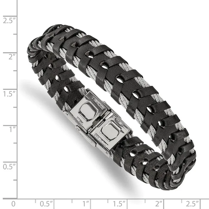 Bracelets TreasureFineJewelers Chisel Stainless Steel Polished Cable and Black Leather 825 inch Bracelet