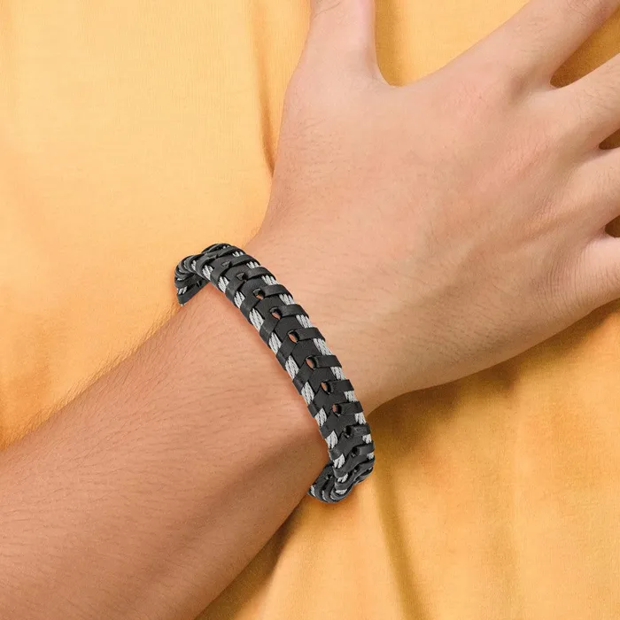 Bracelets TreasureFineJewelers Chisel Stainless Steel Polished Cable and Black Leather 825 inch Bracelet