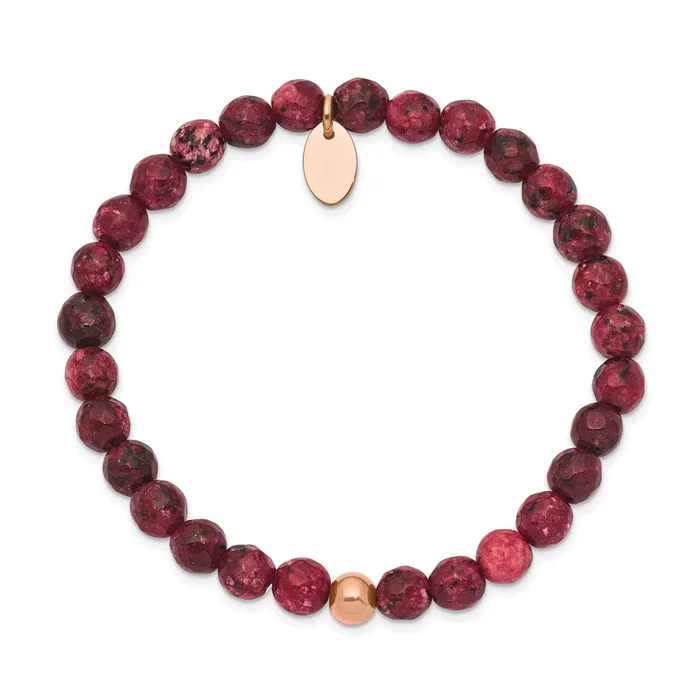 Bracelets TreasureFineJewelers Chisel Stainless Steel Polished Rose IPplated 6mm Red Jade Beaded Stretch Bracelet