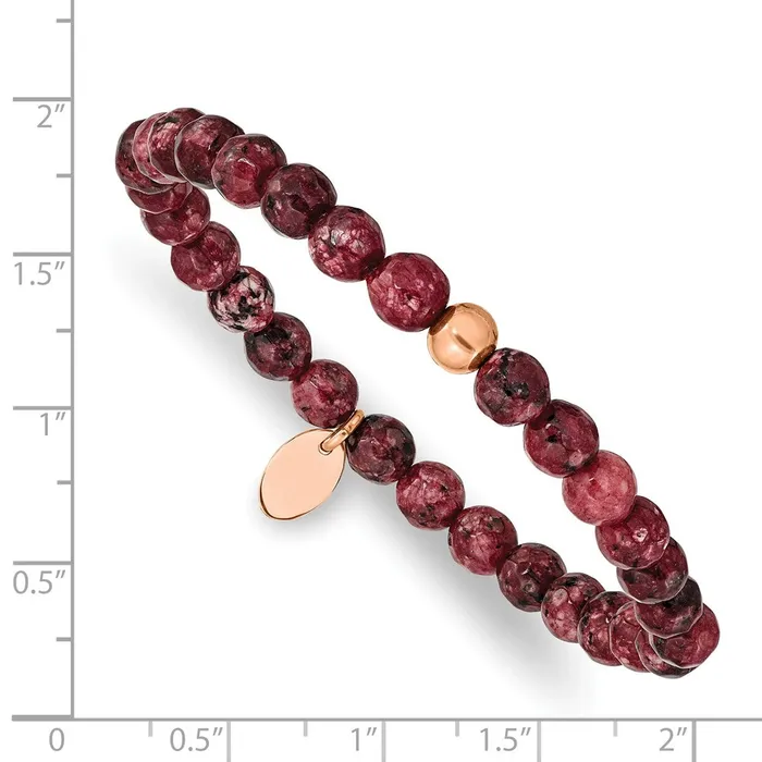Bracelets TreasureFineJewelers Chisel Stainless Steel Polished Rose IPplated 6mm Red Jade Beaded Stretch Bracelet