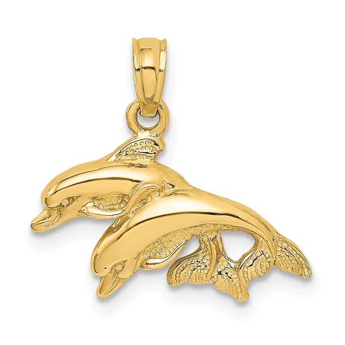 Charm Necklaces 14K 2D Polished Double Dolphins Jumping Left Charm TreasureFineJewelers