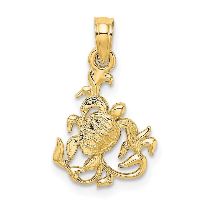 Charm Necklaces TreasureFineJewelers 14K Textured Mini Sea Turtle and Kelp Charm