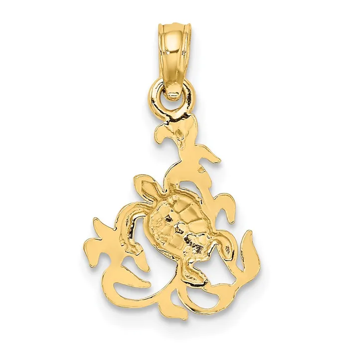 Charm Necklaces TreasureFineJewelers 14K Textured Mini Sea Turtle and Kelp Charm