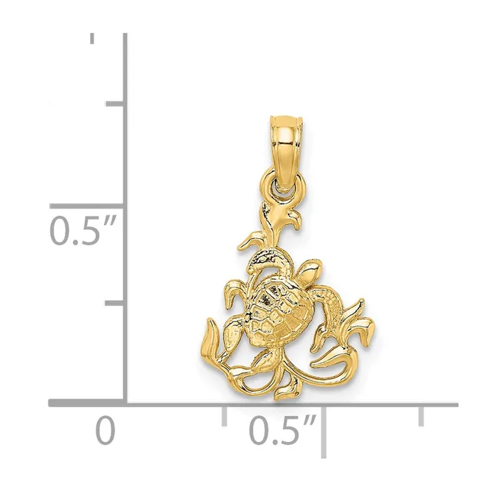 Charm Necklaces TreasureFineJewelers 14K Textured Mini Sea Turtle and Kelp Charm