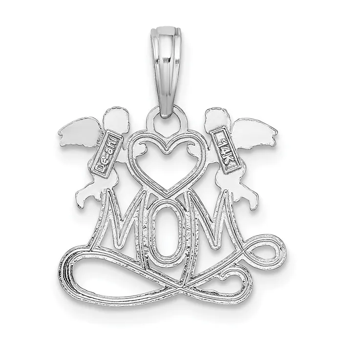 Charm Necklaces TreasureFineJewelers 14K White Gold MOM w 2 Angels Holding Heart Charm