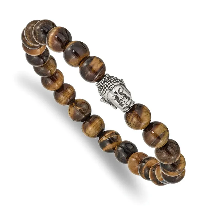Chisel Stainless Steel Antiqued and Polished Buddha 8mm Tigers Eye Beaded Stretch Bracelet TreasureFineJewelers Bracelets Chisel Stainless Steel Antiqued and Polished Buddha 8mm Tigers Eye Beaded Stretch Bracelet TreasureFineJewelers Bracelets