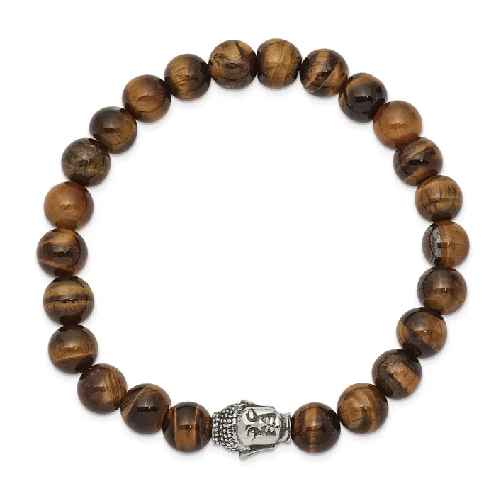 Chisel Stainless Steel Antiqued and Polished Buddha 8mm Tigers Eye Beaded Stretch Bracelet TreasureFineJewelers Bracelets