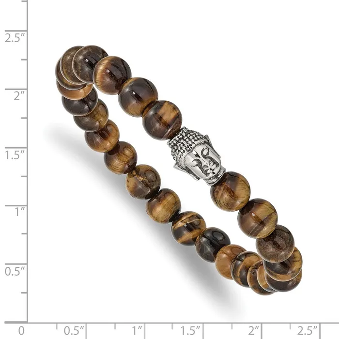 Chisel Stainless Steel Antiqued and Polished Buddha 8mm Tigers Eye Beaded Stretch Bracelet TreasureFineJewelers Bracelets