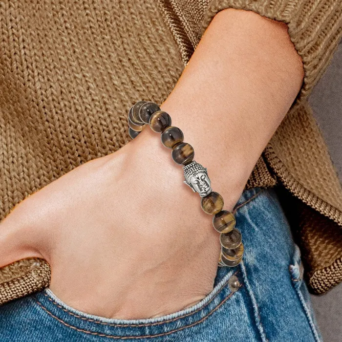 Chisel Stainless Steel Antiqued and Polished Buddha 8mm Tigers Eye Beaded Stretch Bracelet TreasureFineJewelers Bracelets