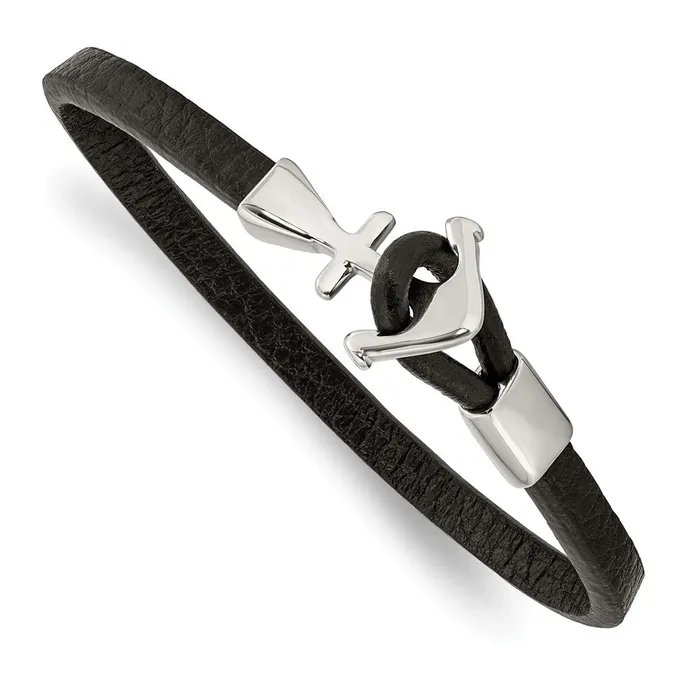 Chisel Stainless Steel Polished Anchor Black Leather 8 inch Bracelet TreasureFineJewelers Bracelets Chisel Stainless Steel Polished Anchor Black Leather 8 inch Bracelet TreasureFineJewelers Bracelets