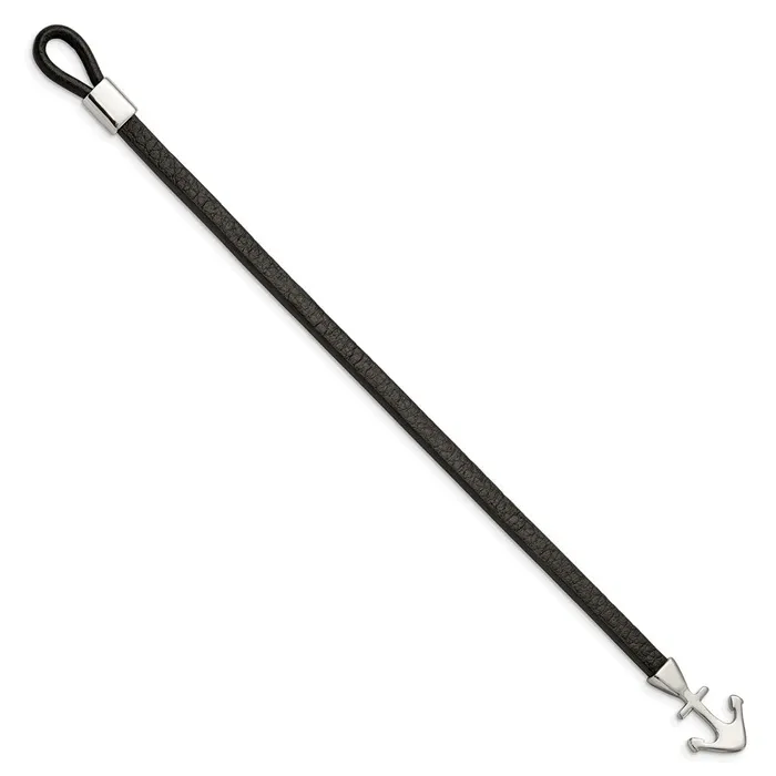 Chisel Stainless Steel Polished Anchor Black Leather 8 inch Bracelet TreasureFineJewelers Bracelets