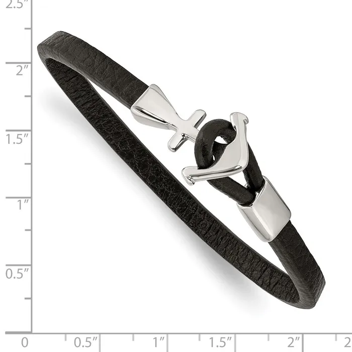 Chisel Stainless Steel Polished Anchor Black Leather 8 inch Bracelet TreasureFineJewelers Bracelets