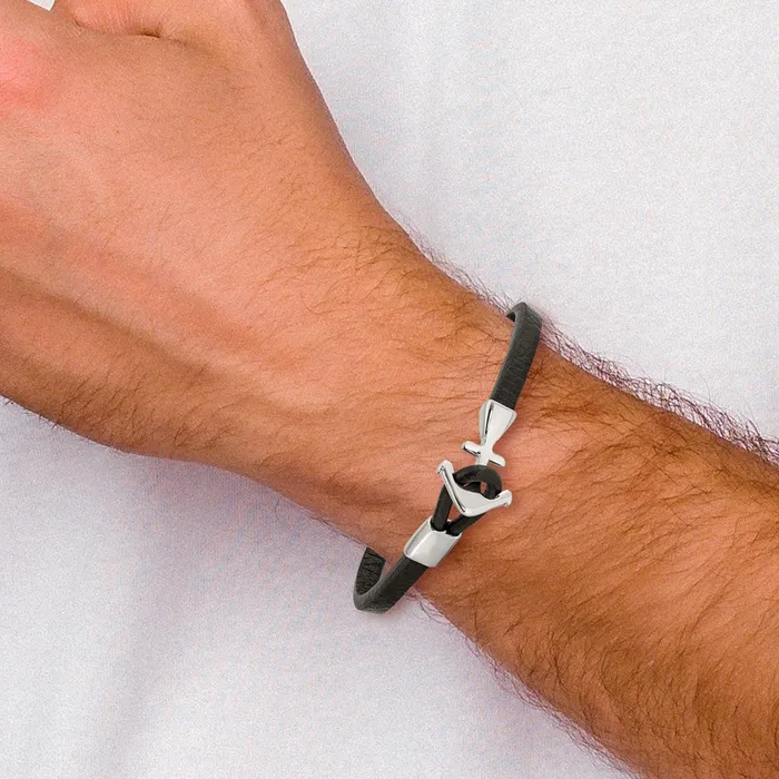 Chisel Stainless Steel Polished Anchor Black Leather 8 inch Bracelet TreasureFineJewelers Bracelets
