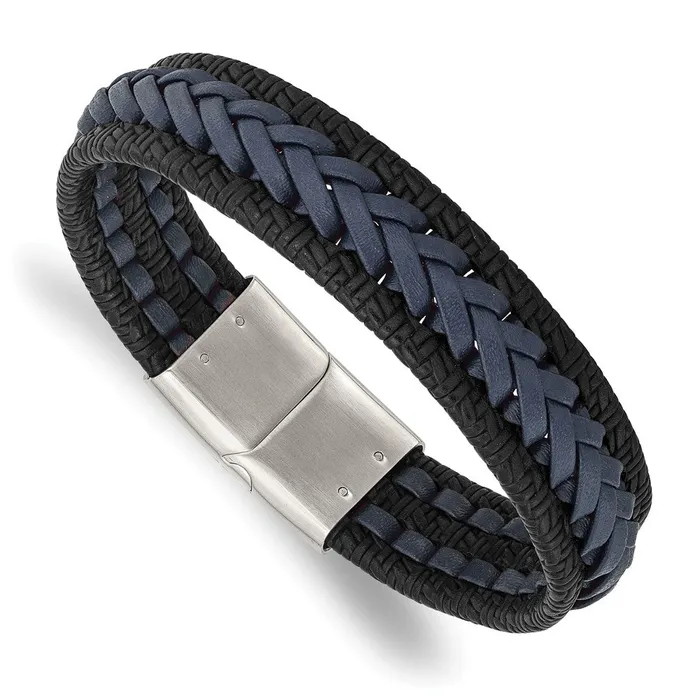 Chisel Stainless Steel Polished Black and Blue Braided Leather 825 inch Bracelet TreasureFineJewelers Bracelets Chisel Stainless Steel Polished Black and Blue Braided Leather 825 inch Bracelet TreasureFineJewelers Bracelets