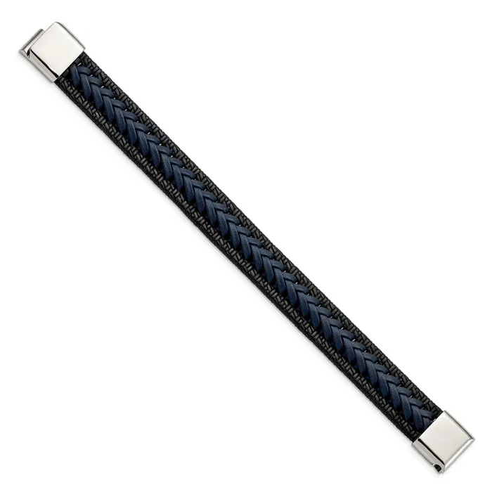 Chisel Stainless Steel Polished Black and Blue Braided Leather 825 inch Bracelet TreasureFineJewelers Bracelets