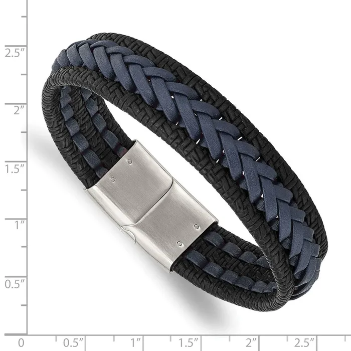 Chisel Stainless Steel Polished Black and Blue Braided Leather 825 inch Bracelet TreasureFineJewelers Bracelets