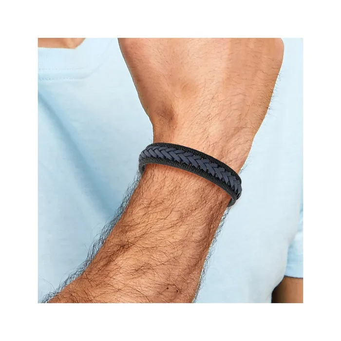 Chisel Stainless Steel Polished Black and Blue Braided Leather 825 inch Bracelet TreasureFineJewelers Bracelets