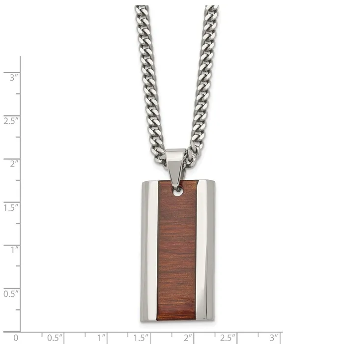 Chisel Stainless Steel Polished RedOrange Koa Wood Inlay Enameled Pendant on a 20 inch Curb Chain Necklace TreasureFineJewelers Necklaces