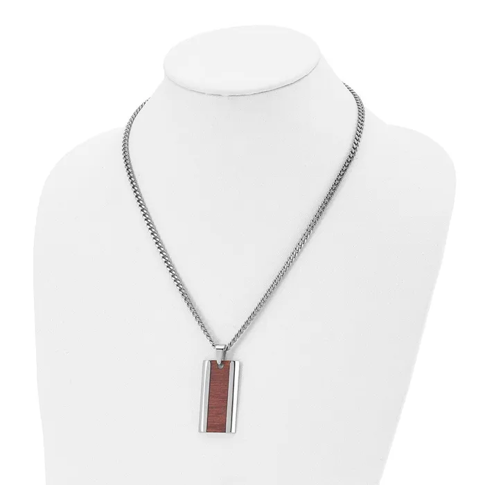 Chisel Stainless Steel Polished RedOrange Koa Wood Inlay Enameled Pendant on a 20 inch Curb Chain Necklace TreasureFineJewelers Necklaces