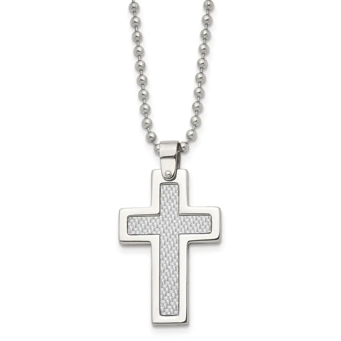 Chisel Stainless Steel Polished with Grey Carbon Fiber Inlay Cross Pendant on a 22 inch Ball Chain Necklace TreasureFineJewelers Necklaces Chisel Stainless Steel Polished with Grey Carbon Fiber Inlay Cross Pendant on a 22 inch Ball Chain Necklace TreasureFineJewelers Necklaces