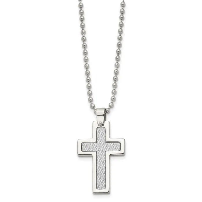 Chisel Stainless Steel Polished with Grey Carbon Fiber Inlay Cross Pendant on a 22 inch Ball Chain Necklace TreasureFineJewelers Necklaces