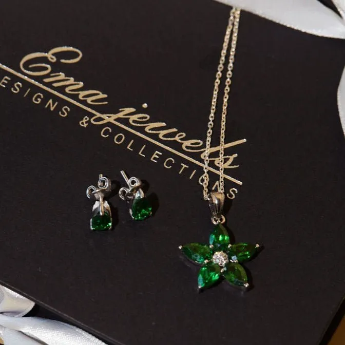 Ema Jewels Necklaces Aletheia Emerald Sterling Silver Necklace Earring Set