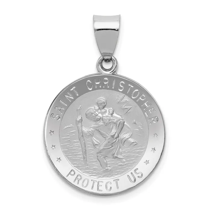 Necklaces 14k White Gold PolishedSatin St Christopher Medal Hollow Pendant TreasureFineJewelers Necklaces 14k White Gold PolishedSatin St Christopher Medal Hollow Pendant TreasureFineJewelers