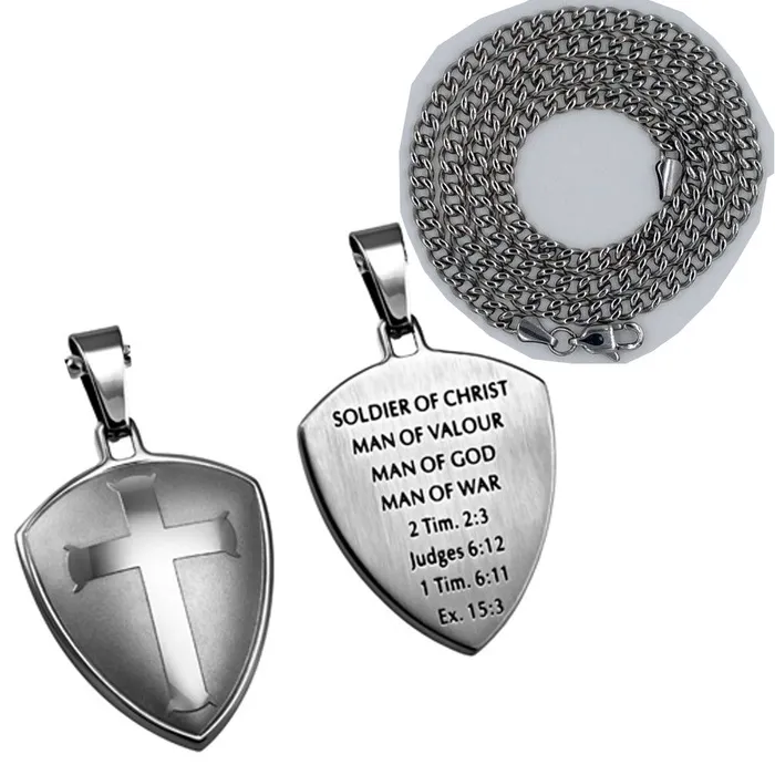 Necklaces North Arrow Shop Soldier of Christ Man Of God Necklace Stainless Steel Cross Shield with Chain Necklaces North Arrow Shop Soldier of Christ Man Of God Necklace Stainless Steel Cross Shield with Chain