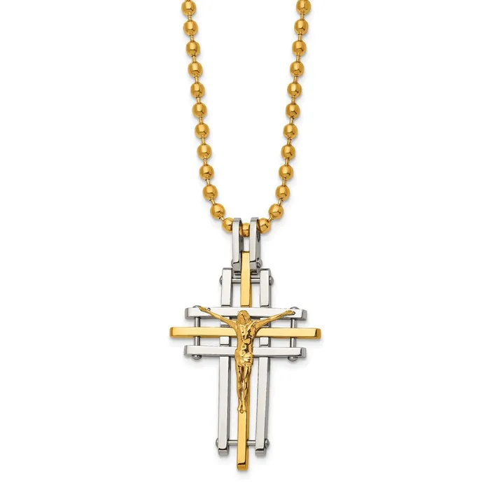 Necklaces Stainless Steel Polished Yellow IPplated Crucifix 24in Necklace TreasureFineJewelers
