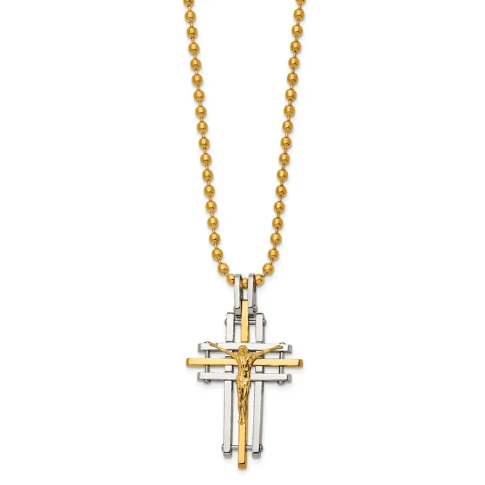Necklaces Stainless Steel Polished Yellow IPplated Crucifix 24in Necklace TreasureFineJewelers