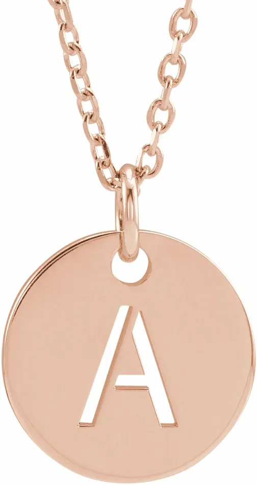 Necklaces TreasureFineJewelers 14K Rose Gold Initial A 10 mm Disc 1618 Necklace Necklaces TreasureFineJewelers 14K Rose Gold Initial A 10 mm Disc 1618 Necklace