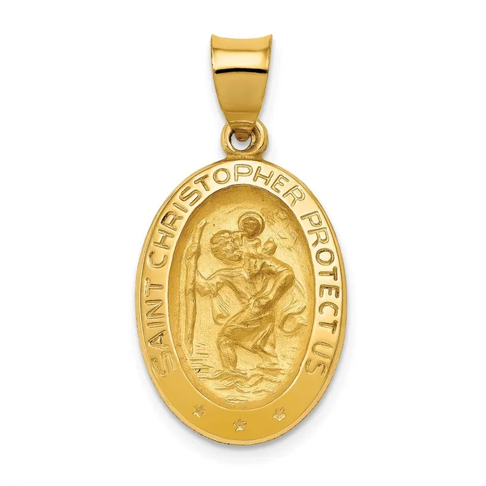 Necklaces TreasureFineJewelers 14k Yellow Gold Polished and Satin St Christopher Medal Hollow Pendant Necklaces TreasureFineJewelers 14k Yellow Gold Polished and Satin St Christopher Medal Hollow Pendant