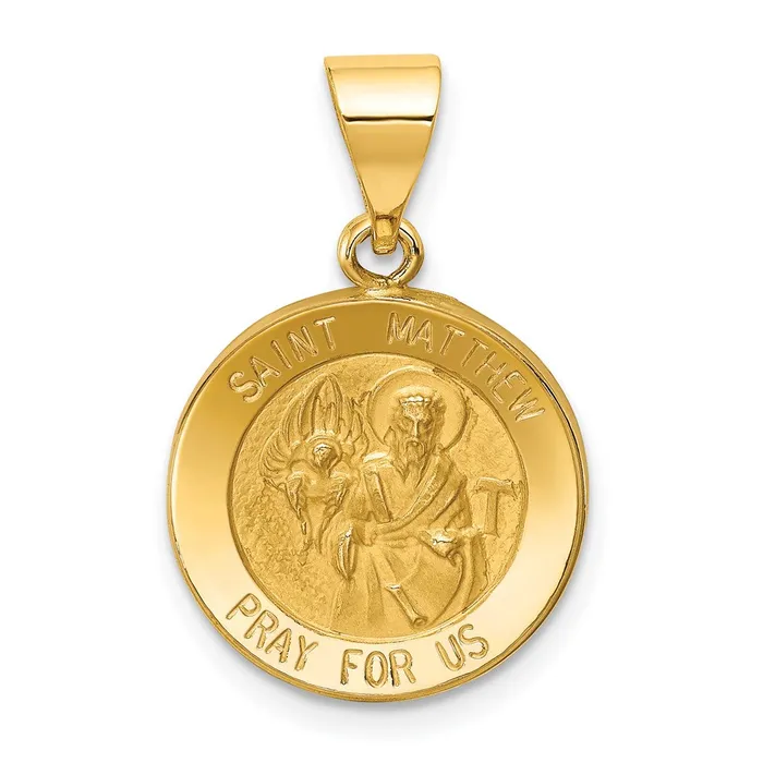 Necklaces TreasureFineJewelers 14k Yellow Gold Polished and Satin St Matthew Medal Hollow Pendant Necklaces TreasureFineJewelers 14k Yellow Gold Polished and Satin St Matthew Medal Hollow Pendant