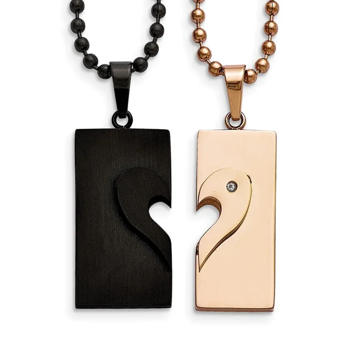 Necklaces TreasureFineJewelers Chisel Stainless Steel Polished Black and Rose IPplated Heart Pendants on 22 inch Ball Chain Necklace Set