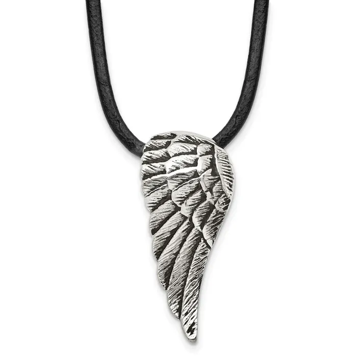 Necklaces TreasureFineJewelers Stainless Steel Antiqued and Polished Wing w20in Leather Cord Necklace Necklaces TreasureFineJewelers Stainless Steel Antiqued and Polished Wing w20in Leather Cord Necklace
