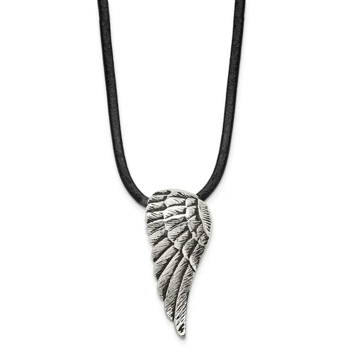 Necklaces TreasureFineJewelers Stainless Steel Antiqued and Polished Wing w20in Leather Cord Necklace