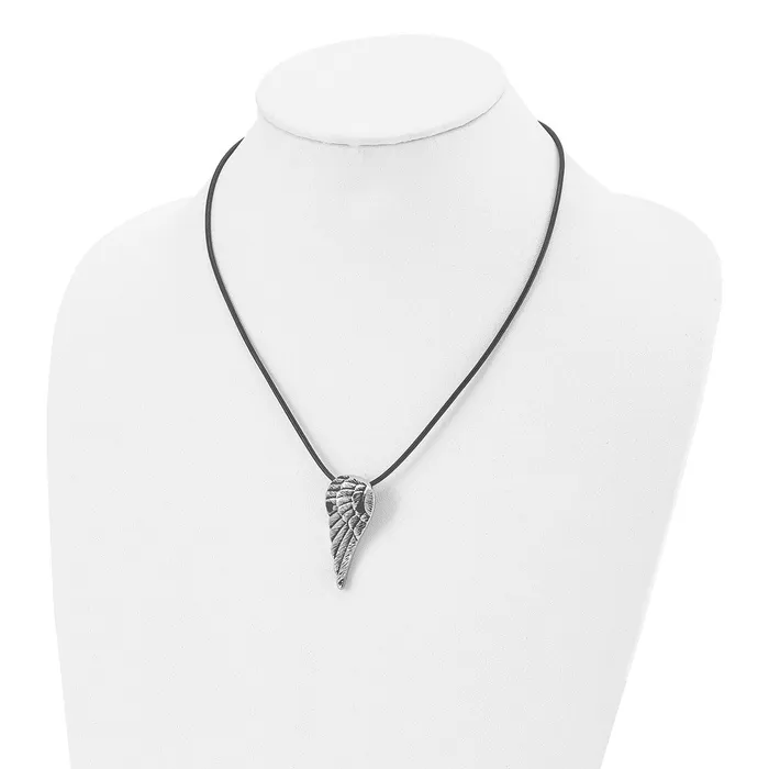 Necklaces TreasureFineJewelers Stainless Steel Antiqued and Polished Wing w20in Leather Cord Necklace