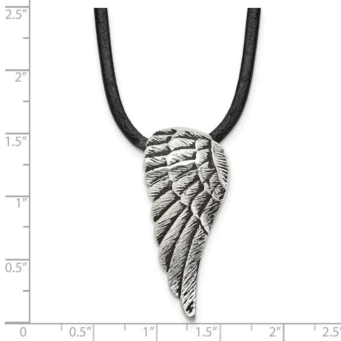 Necklaces TreasureFineJewelers Stainless Steel Antiqued and Polished Wing w20in Leather Cord Necklace