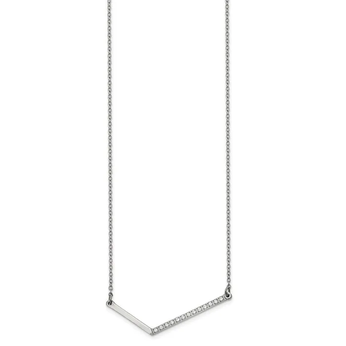 Necklaces TreasureFineJewelers Stainless Steel Polished CZ Angled Bar 175 inch Necklace Necklaces TreasureFineJewelers Stainless Steel Polished CZ Angled Bar 175 inch Necklace