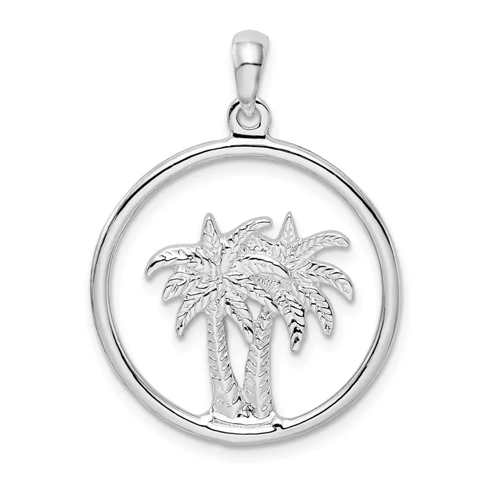 Necklaces TreasureFineJewelers Sterling Silver Polished Double Palm Tree Circle Pendant Necklaces TreasureFineJewelers Sterling Silver Polished Double Palm Tree Circle Pendant