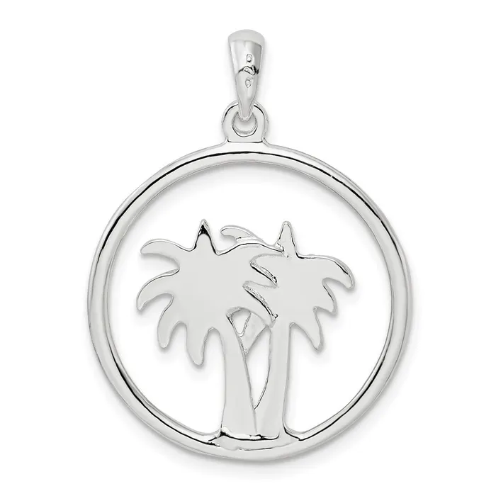 Necklaces TreasureFineJewelers Sterling Silver Polished Double Palm Tree Circle Pendant